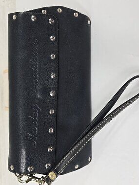 Harley-Davidson Black Leather Studded Wristlet Wallet Zip Pocket Snap Closure...